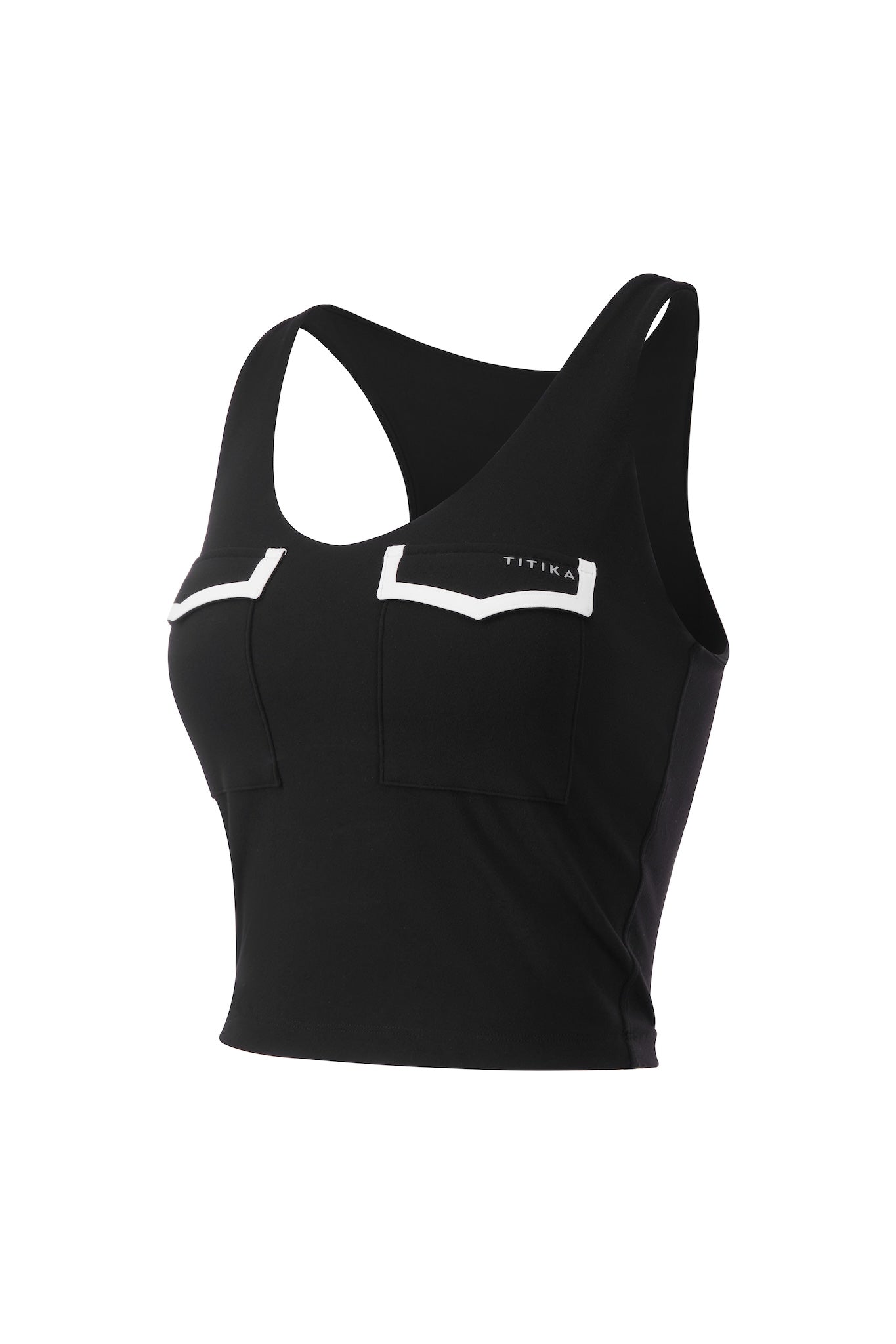 Line Series Pocketed Sports Bra for women in a sleek black design. Features a high neckline, supportive band, and convenient pockets, offering both functionality and style for workouts and active wear