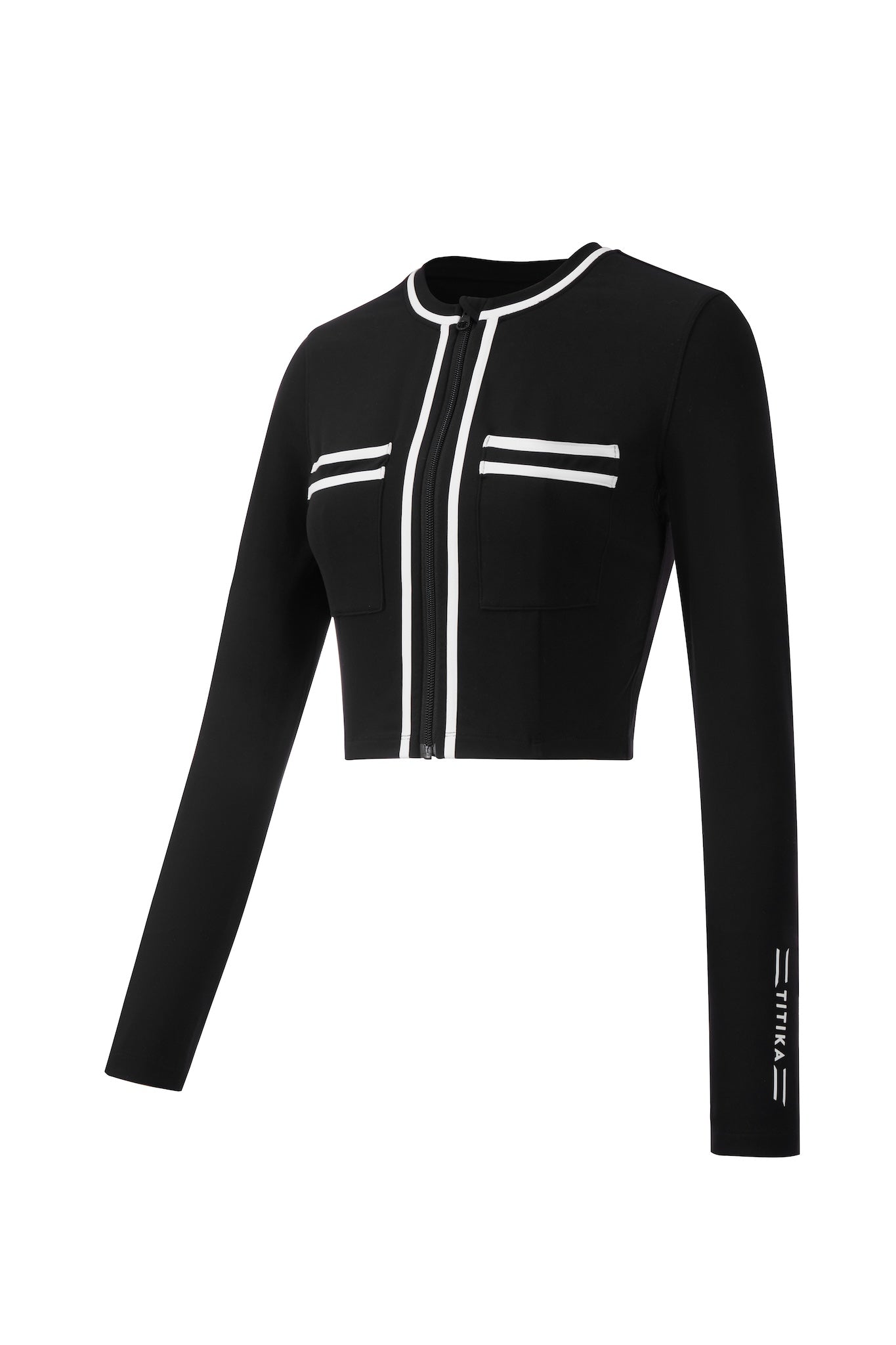 Line Series Sports Jacket for women in a sleek black design. Features a high collar, full-zip front, thumbholes, and side pockets, providing a stylish and functional option for workouts and outdoor activities