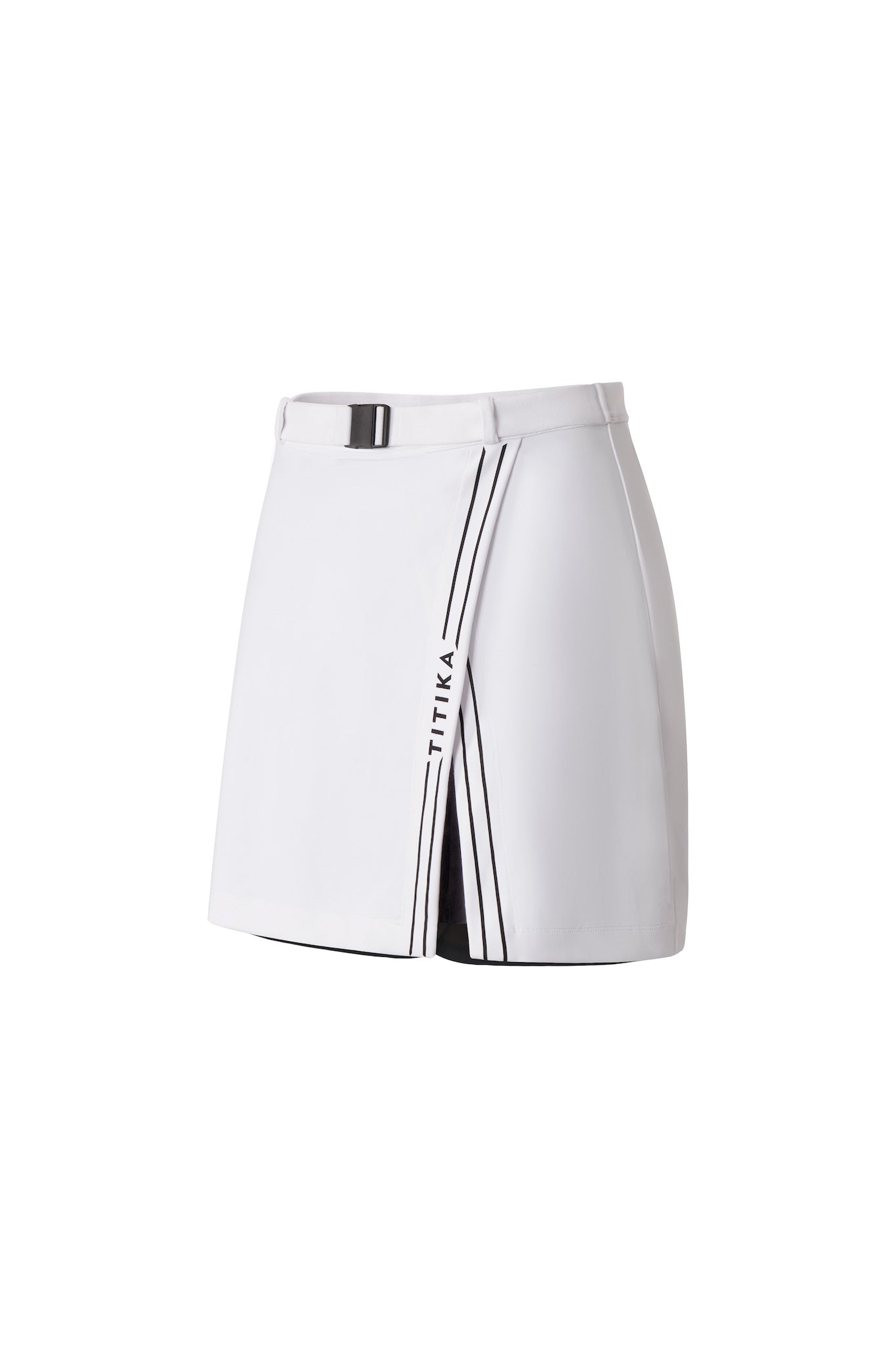 Chic Side Split Tennis Skirt for women in a crisp white color. Features a high waistband, side splits for enhanced movement, and built-in shorts for comfort and coverage, perfect for tennis and active wear.