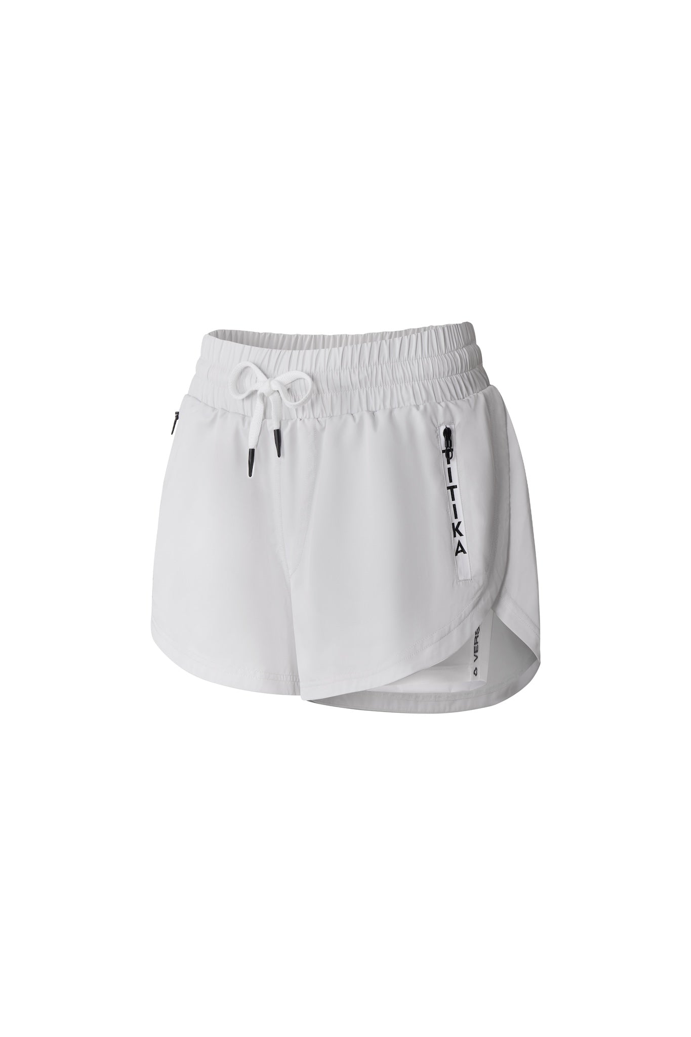 White female shorts with zipper side pockets and built-in compression shorts