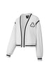 Line Series Baseball Jacket for women in a stylish black and white design. Features a classic varsity style with ribbed cuffs and hem, front snap buttons, and side pockets, offering both sporty and chic looks for versatile wear.